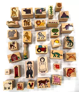 34 timbri in gomma montati su legno animali, dinosauri, fattoria misti vintage - Foto 1 di 9