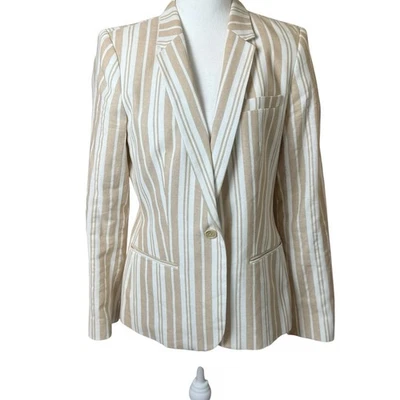 Blazer Calvin Klein Mujer 8 Mezcla de Algodón Tostado Blanco Rayas Neutro Carrera Preppy Foto 1 de 4