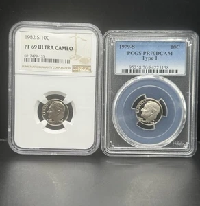 1979-S PR70 DCAM Type 1 (PCGS) + 1982-S PF69 Ultra Cameo (NGC) Roosevelt Dimes - Picture 1 of 3