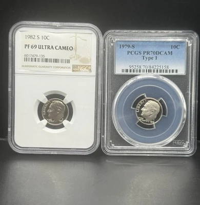 1979-S PR70 DCAM Type 1 (PCGS) + 1982-S PF69 Ultra Cameo (NGC) Roosevelt Dimes - Image 1 of 3