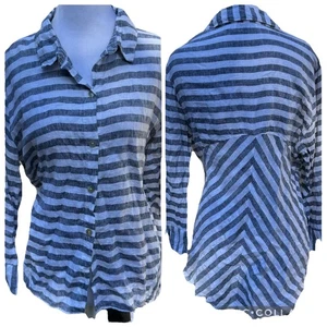 Habitat Blouse Women’s Sz M Black White Stripes Linen Lagenlook Feminine Cut - Picture 1 of 16