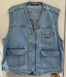 Vintage Guess USA Mens Size L Denim Jeans Vest LOGO Zip Snap Pockets Biker - Picture 1 of 5
