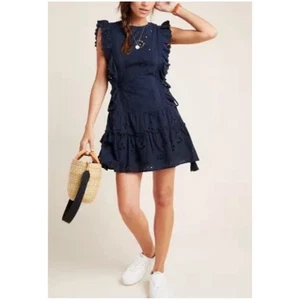 Misa Women’s Sz XS Navy Blue Eyelet Ruffle Mini Dress Cotton Lace Marieta - Picture 1 of 15