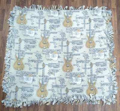 NEW Handmade Fleece Throw Tie Blanket 2 Sided 50"x55" Guitars w/ Plaid Back - Image 1 of 3