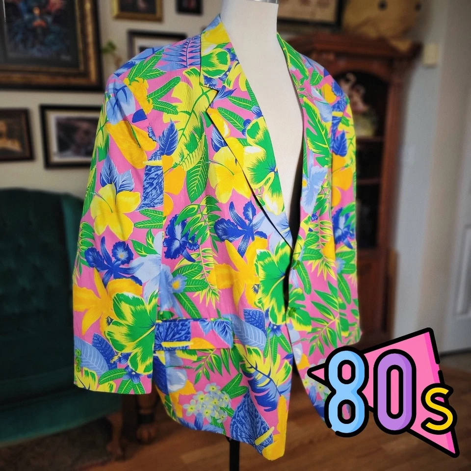 Blazer Tropical Vintage Años 80 CROWN SPORTS Multicolor Hawaiano Floral XL Foto 1 de 4