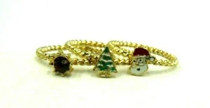 SET OF 3 GOLD STACKABLE CHRISTMAS RINGS SIZE 8 SANTA, TREE & RED RHINESTONE - Picture 1 of 6