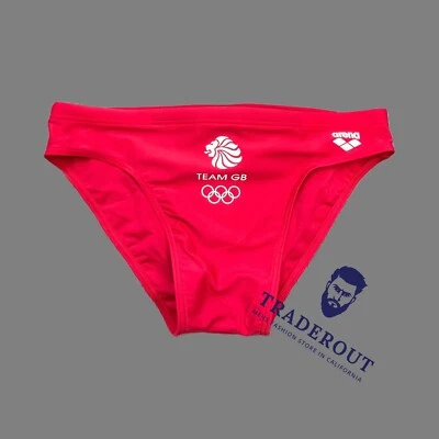 H.E.Arts Team GB custom print on men red arena diving swim Brief size 34 - Image 1 of 4