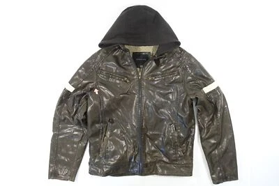 STRUCTURE STRIPED BROWN LARGE FAUX LEATHER MOTO HOODED JACKET MENS PREOWNED - Image 1 of 4