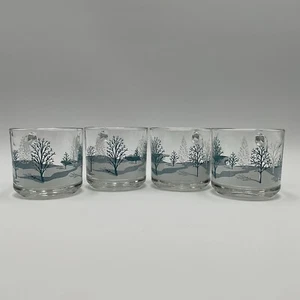 Vintage Anchor Hocking Winter Tree Scene Clear Glass Coffee Cup Mug Set of 4 - Picture 1 of 9