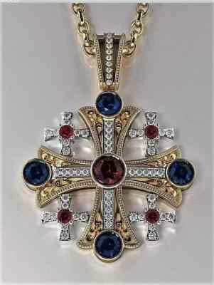 Colgante Cruz Rubí Rojo Creado en Laboratorio Corte Redondo 2.3CT Chapado en Oro Amarillo 14K Plata Foto 1 de 4