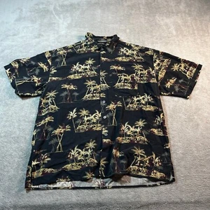 Van Heusen Polo Shirt Men's Large Black Silk Hawaiian Palm Tree Print Vacation - Picture 1 of 8