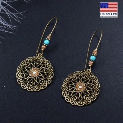 时尚女式复古波西米亚耳环青铜雕刻空心捕梦者 1287 — 第 1/4 张图片