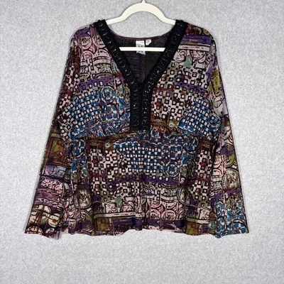 90s Mesh Jeweled Babydoll Top 2X Abstract Embellished Fairy Artsy Art to Wear - Image 1 of 4