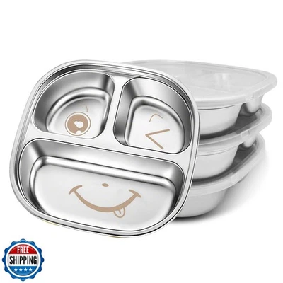 TAOceeXI Edelstahl Kinder Teller mit Deckel | 3er Pack robust geteilt Kleinkind - Bild 1 von 4