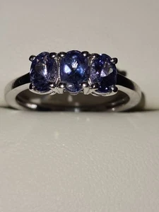 925 Sterling Silver Tanzanite Trilogy Ring in Platinum Overlay 1.33 Ct Size O - Picture 1 of 6