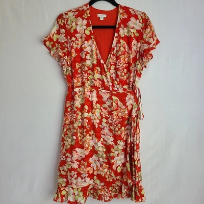 J. Jill Dress Women XS Petite Orange Floral Ruffle Wrap Cottage Spring Easter - Image 1 of 4