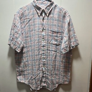 Brooks Brothers camicia uomo taglia large blu rosa 100% lino quadri manica corta - Foto 1 di 5