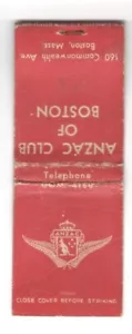 Cubierta de libro de cerillas vintage Anzac Club of Boston Massachusetts BRY3 - Imagen 1 de 2
