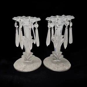 ELEGANT Glass PAIR Heisey Long Cut Hanging Crystal Prisms Candleholders Set - Picture 1 of 11