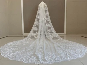 Braut Hochzeit Brautschleier 1 Tier Kathedrale Länge Applique Spitze mit Kamm - Imagen 1 de 14