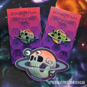 SKULL PLANET Hard Enamel Pin 1.5" / Glow in the Dark! Sci-Fi Cosmic Horror - Picture 1 of 5