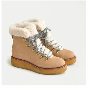 J.Crew Wedged Ankle Boots Nubuck Crepe 10 Beige Round Toe Faux Fur Lace-Up NWBOX - Picture 1 of 12