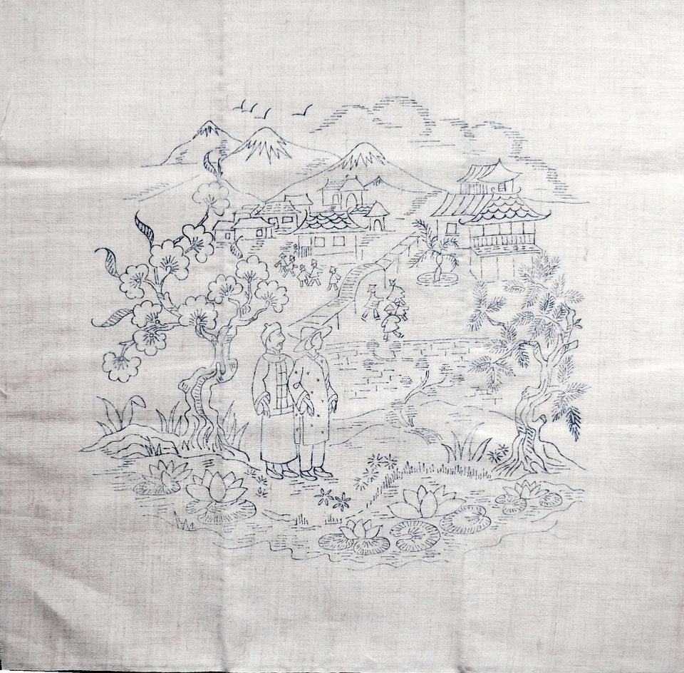 Tela de lino estampada para funda de cojín imagen escena china bordado 21” x 21 Foto 1 de 1