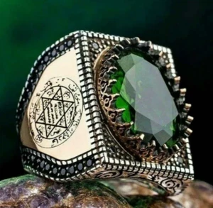 Seal of Solomon Heavy Emerald 925 Sterling Silver Gift Islamic Mens Ring jewelry - Picture 1 of 3