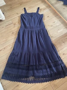 LAURA ASHLEY Navy Blue Broderie Anglaise Tiered Mid Maxi Dress Uk 12 Rrp £95 - Picture 1 of 10