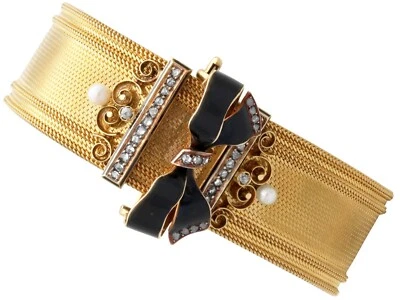 0.38Ct Diamond, Pearl and Enamel, 18k Yellow Gold Bracelet / Brooch Circa 1880 - Image 1 of 4