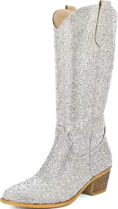 Women'S Rhinestone Cowboy Boots Pointed Almond Toe Block Heel Sparkly Cowgirl Bo - Picture 1 of 5