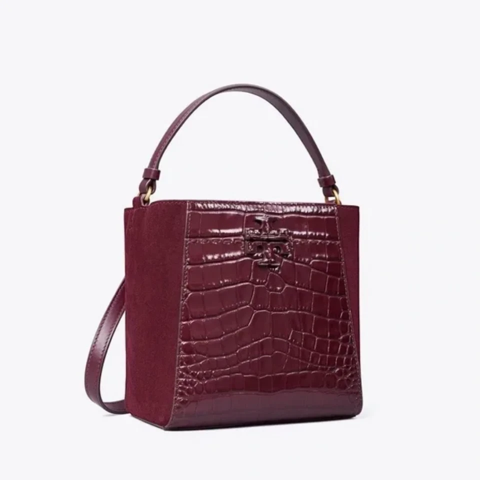 Nuevo Bolso Cubo Pequeño Tory Burch McGraw Croc Cuero Repujado Escarabajo Baya / 500 Foto 1 de 4