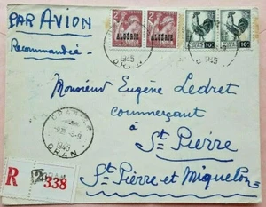 ALGERIA 1945 ORAN REGISTERED AIRMAIL COVER TO ST. PIERRE & MIQUELON ISLANDS - Picture 1 of 1