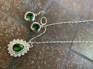  925 Sterling Silver Emerald Pendant Necklace Earring Set Chain 24”  - Picture 1 of 6