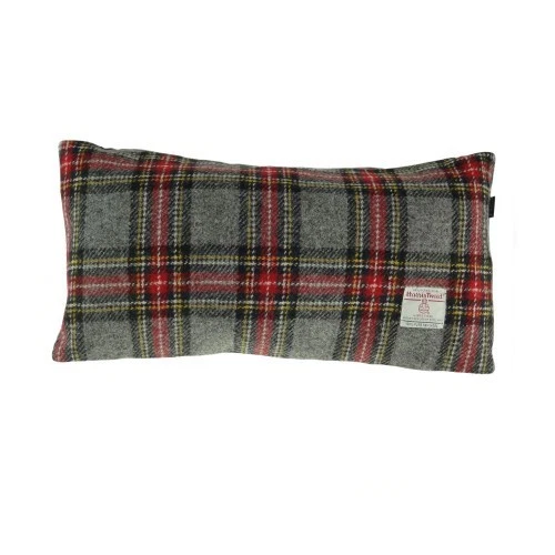 Traditional Harris Tweed Rectangular Cushion Grey/Red Tartan Velvet Back - Image 1 of 1