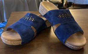 Spenco Womens Passport Wedge Slide Sandals Leather Blue Comfort Cushion Size 10B - Picture 1 of 12