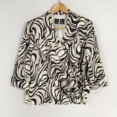 Alex Evenings Blazer Jacket Large PETITE Black Zebra Print 3/4 Sleeve Tie Front - Image 1 of 4