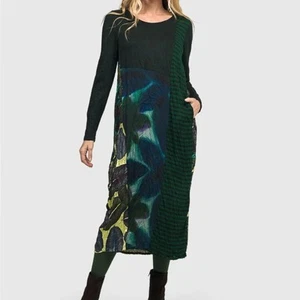 Alembika 6 Crush Mix Satin Trim Dress Forest Green 16 Lagenlook (Box27) - Picture 1 of 10