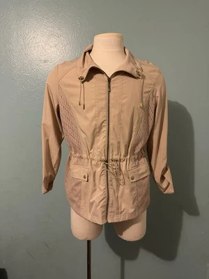 RUBY RD ZIP FRONT WINDBREAKER SZ LARGE BEIGE STRETCH LONG ROLL TAB SLEEVES - Image 1 of 4