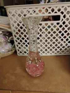 Joe Rice 1996 Glass Paperweight Vase Clear with Pink Flowers 7" - Picture 1 of 5