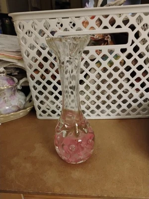 Joe Rice 1996 Glass Paperweight Vase Clear with Pink Flowers 7" - Image 1 of 4