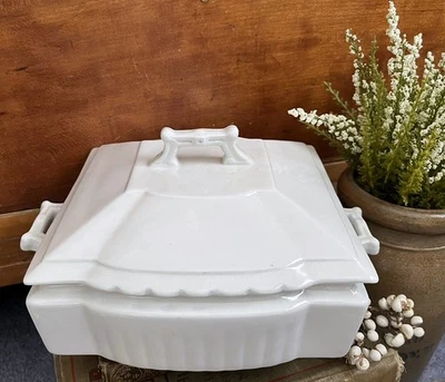 Antique English White Ironstone SQUARE RIDGED Vegetable Tureen Johnson Bros. - Image 1 of 4