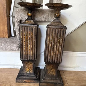 Fancy Pillar candle holder PAIR Metal with Black Copper Gold Finish 16” - Picture 1 of 8