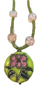 Vintage Cloisonne Flower Pendant Pink Green Glass Beads Metal Necklace Boho Gift - Picture 1 of 8