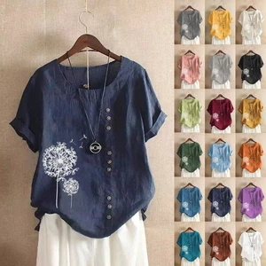UK Women's PRINT T-Shirts Cotton Linen Summer Blouse Casual Loose Tops Plus Size - Picture 1 of 29