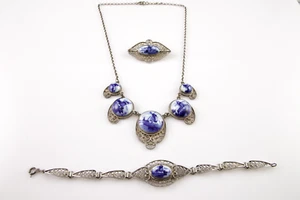 Delft Blue & White Porcelain Windmill & Silver Filigree Necklace Bracelet Brooch - Picture 1 of 12