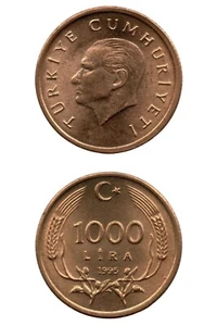 TURKEY 1000 LIRA 1995 BRONZE CLAD BRASS UNCIRCULATED COIN KM# 1028 - Picture 1 of 5