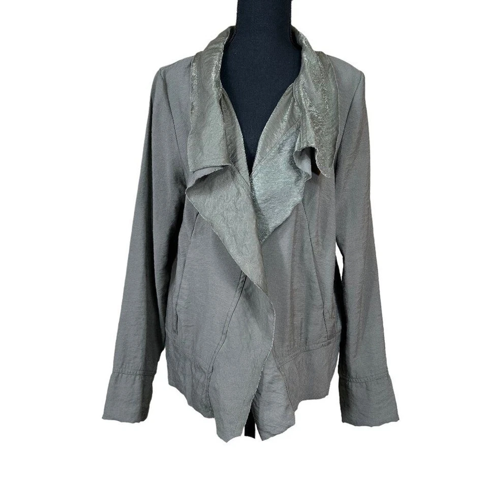 Chaqueta corta para mujer Simply Vera gris verde tela rayón brillante talla L Foto 1 de 4