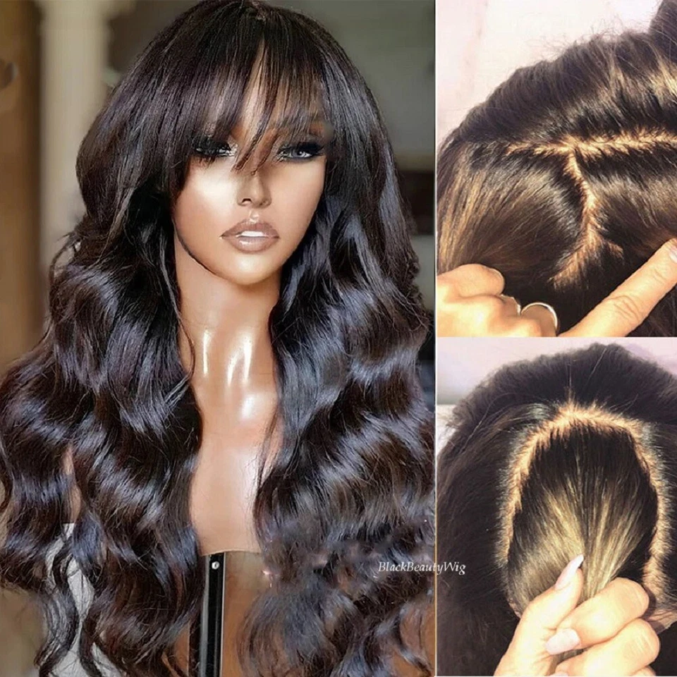 Body Wave 5x5 Silk Base Full Lace Human Hair Wig With Bangs Malaysian Human Hair - Image 1 of 4