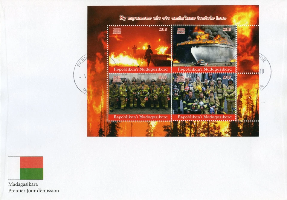 Марки Мадагаскара 2018 FDC пожарные машины бойцы бригада 4 В M/S обложка грузовики - Изображение 1 из 1